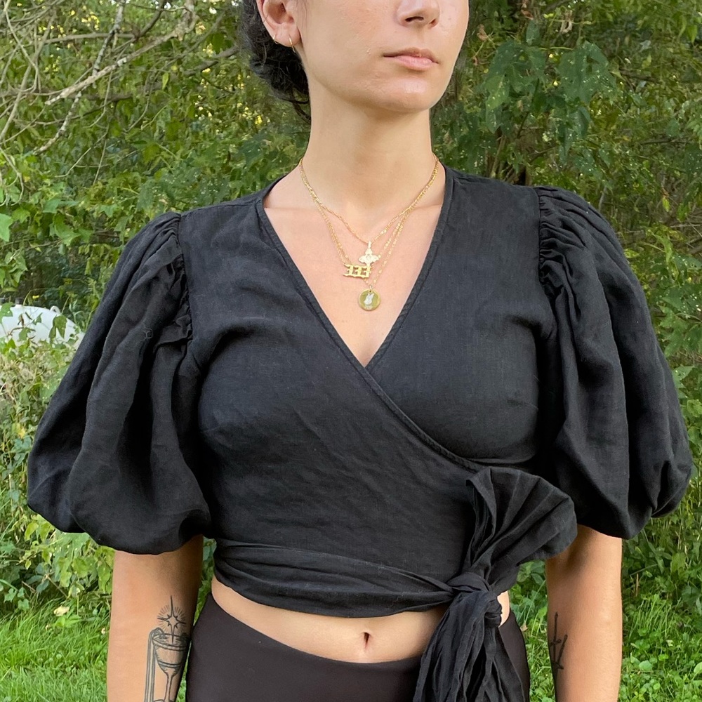 Puff Sleeve Linen Wrap Top